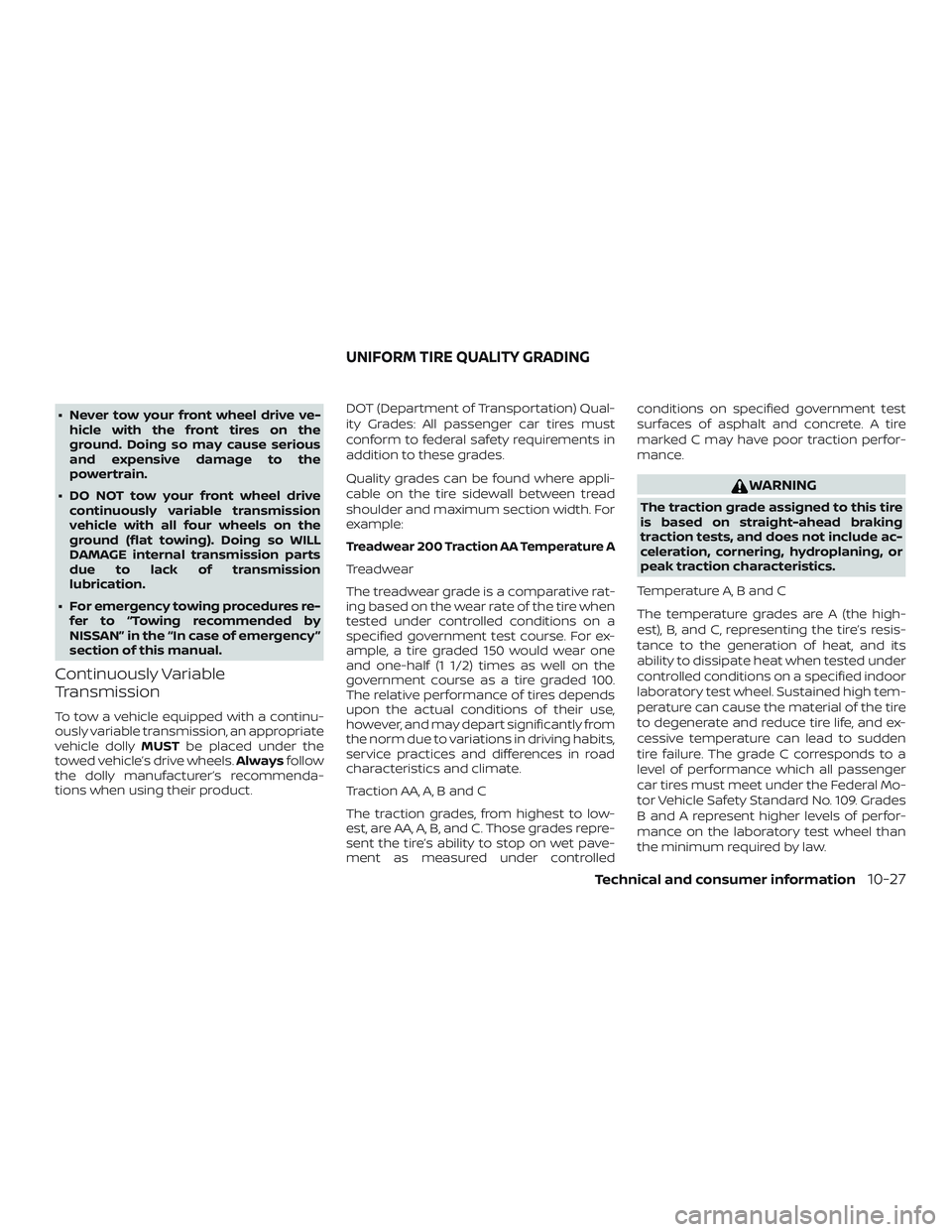 NISSAN ROGUE 2019 Owner´s Manual ∙ Never tow your front wheel drive ve-hicle with the front tires on the
ground. Doing so may cause serious
and expensive damage to the
powertrain.
∙ DO NOT tow your front wheel drive continuously NISSAN ROGUE 2019 Owner´s Manual ∙ Never tow your front wheel drive ve-hicle with the front tires on the
ground. Doing so may cause serious
and expensive damage to the
powertrain.
∙ DO NOT tow your front wheel drive continuously