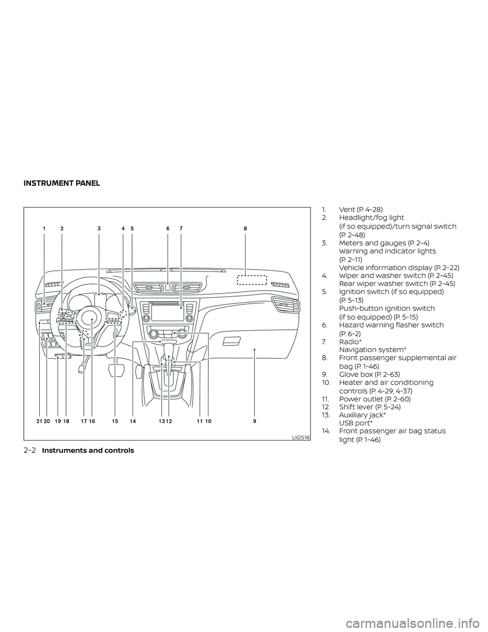 NISSAN ROGUE 2019 Owner´s Manual 1. Vent (P. 4-28)
2. Headlight/fog light(if so equipped)/turn signal switch
(P. 2-48)
3. Meters and gauges (P. 2-4) Warning and indicator lights
(P. 2-11)
Vehicle information display (P. 2-22)
4. Wipe NISSAN ROGUE 2019 Owner´s Manual 1. Vent (P. 4-28)
2. Headlight/fog light(if so equipped)/turn signal switch
(P. 2-48)
3. Meters and gauges (P. 2-4) Warning and indicator lights
(P. 2-11)
Vehicle information display (P. 2-22)
4. Wipe