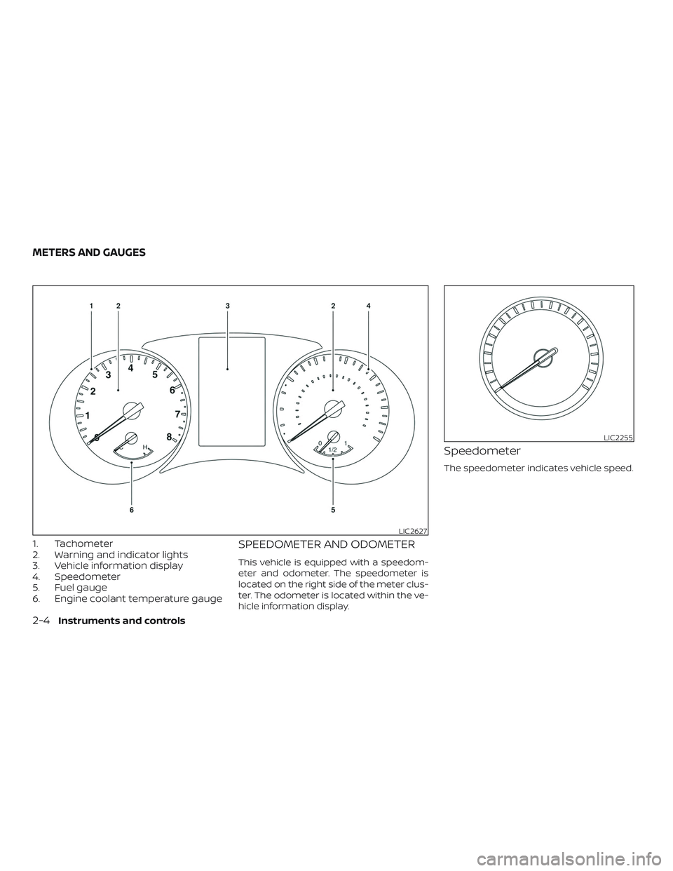 NISSAN ROGUE 2019  Owner´s Manual 1. Tachometer
2. Warning and indicator lights
3. Vehicle information display
4. Speedometer
5. Fuel gauge
6. Engine coolant temperature gaugeSPEEDOMETER AND ODOMETER
This vehicle is equipped with a sp