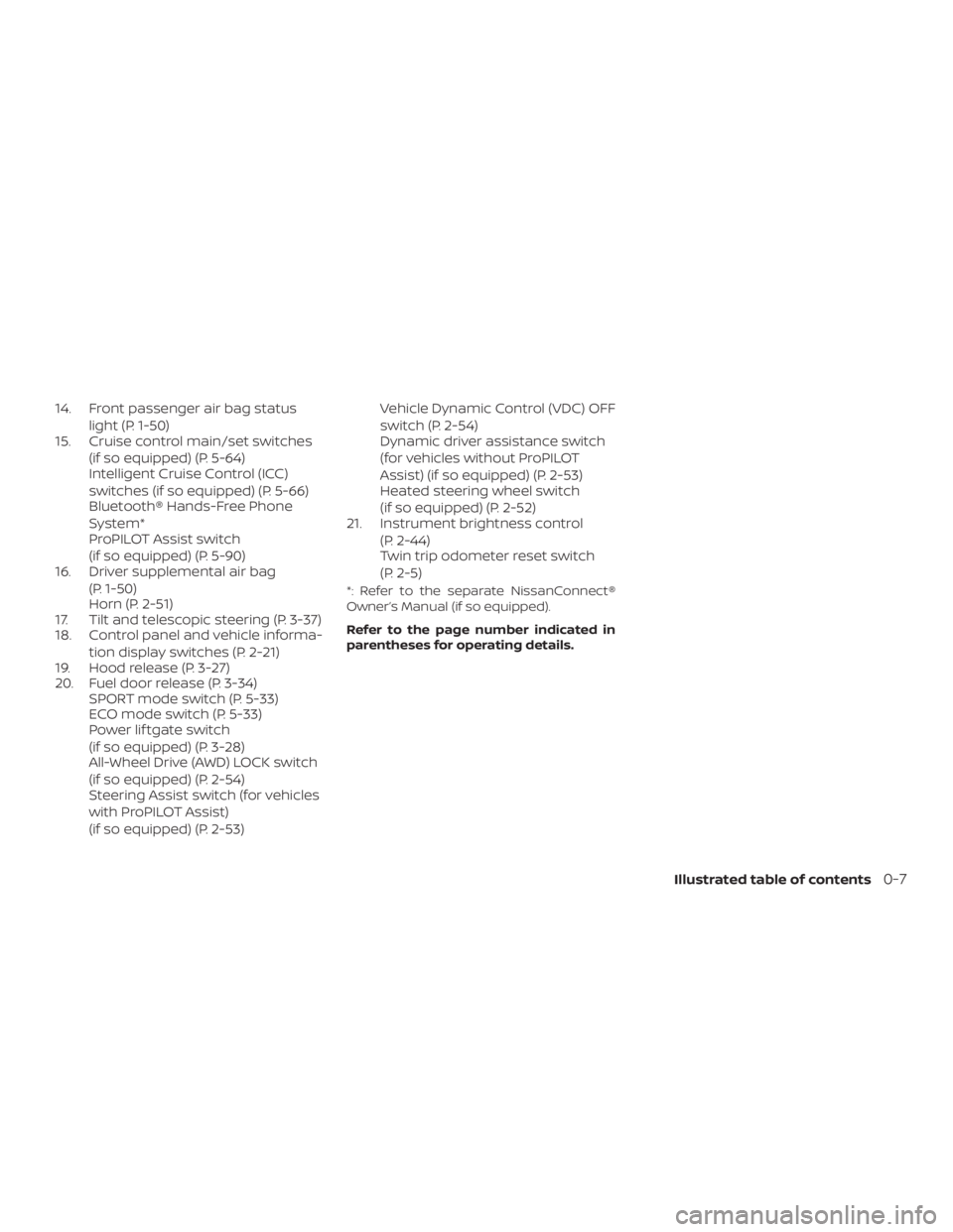 NISSAN ROGUE 2018  Owner´s Manual 14. Front passenger air bag statuslight (P. 1-50)
15. Cruise control main/set switches
(if so equipped) (P. 5-64)
Intelligent Cruise Control (ICC)
switches (if so equipped) (P. 5-66)
Bluetooth® Hands