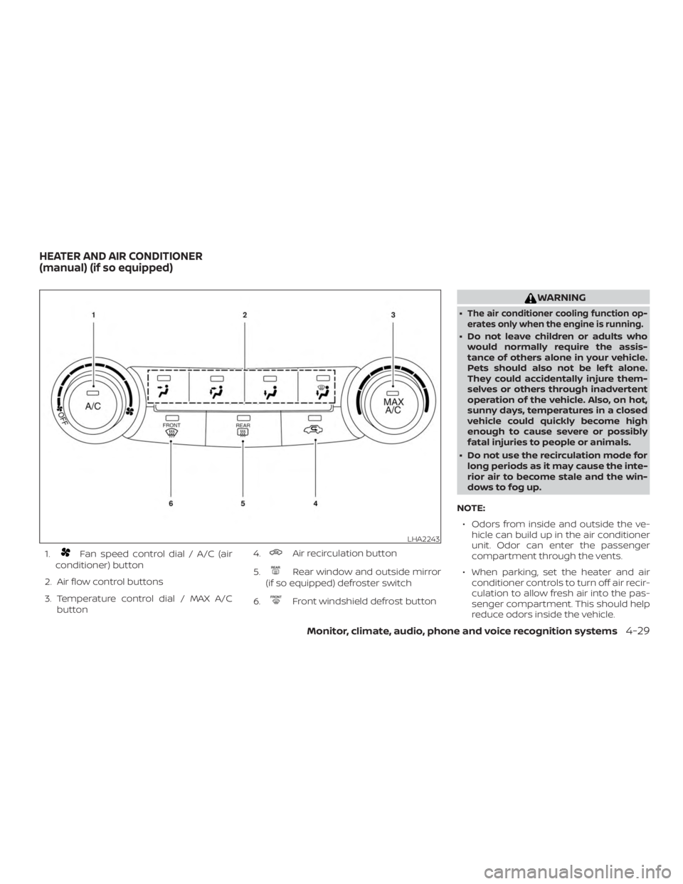 NISSAN ROGUE 2018  Owner´s Manual 1.Fan speed control dial / A/C (air
conditioner) button
2. Air flow control buttons
3. Temperature control dial / MAX A/C button 4.Air recirculation button
5.
Rear window and outside mirror
(if so equ