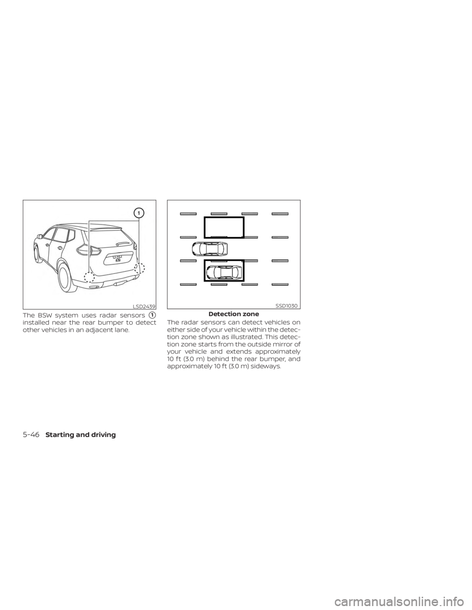 NISSAN ROGUE 2018  Owner´s Manual The BSW system uses radar sensors1
installed near the rear bumper to detect
other vehicles in an adjacent lane.The radar sensors can detect vehicles on
either side of your vehicle within the detec-
t