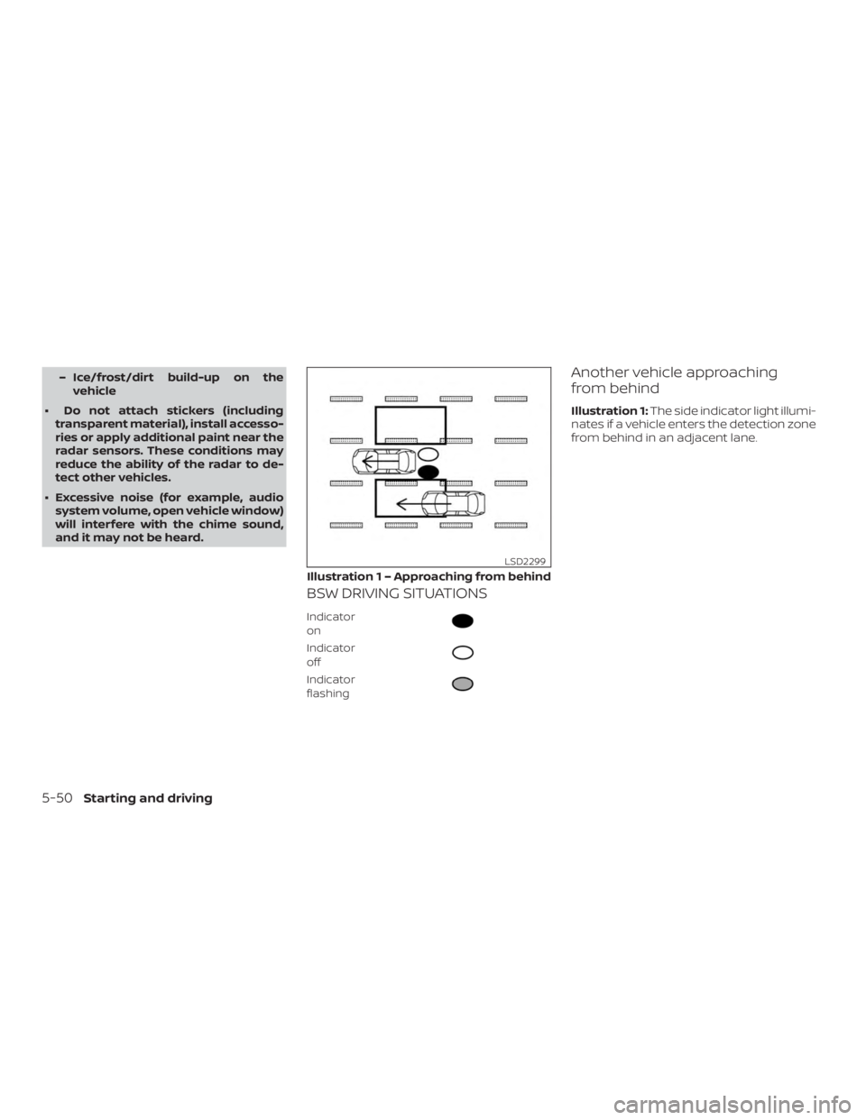 NISSAN ROGUE 2018  Owner´s Manual – Ice/frost/dirt build-up on thevehicle
∙ Do not attach stickers (including transparent material), install accesso-
ries or apply additional paint near the
radar sensors. These conditions may
redu