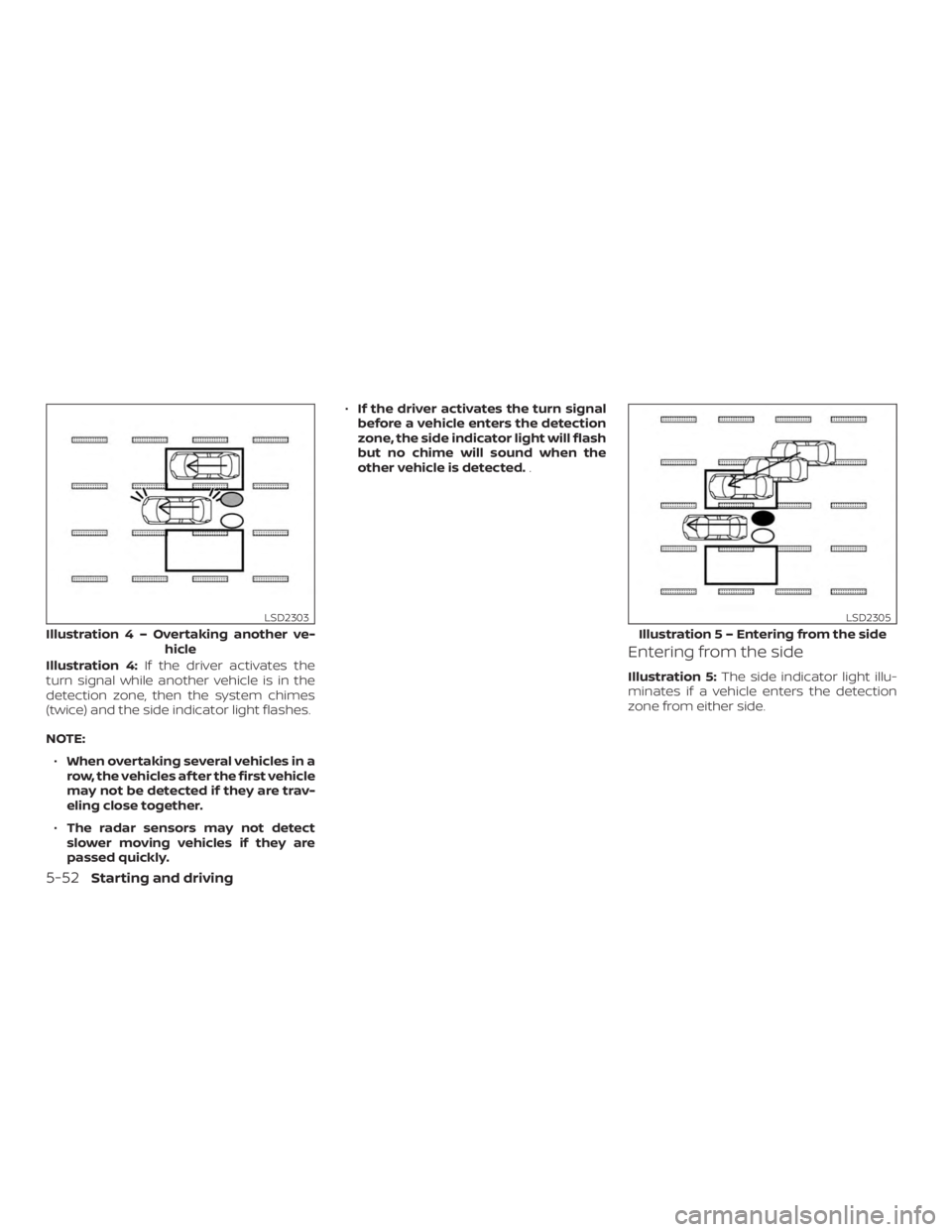 NISSAN ROGUE 2018  Owner´s Manual Illustration 4:If the driver activates the
turn signal while another vehicle is in the
detection zone, then the system chimes
(twice) and the side indicator light flashes.
NOTE:
∙ When overtaking se