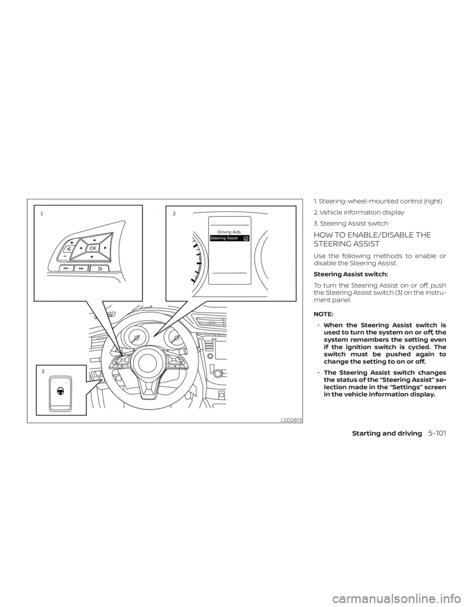 NISSAN ROGUE 2018  Owner´s Manual 1. Steering-wheel-mounted control (right)
2. Vehicle information display
3. Steering Assist switch
HOW TO ENABLE/DISABLE THE
STEERING ASSIST
Use the following methods to enable or
disable the Steering