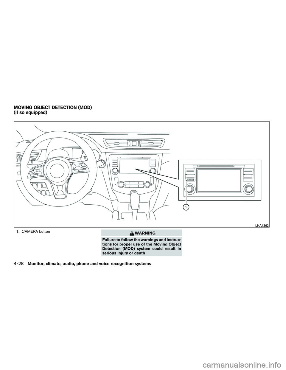 NISSAN ROGUE 2017 Owner´s Manual 1. CAMERA buttonWARNING
Failure to follow the warnings and instruc-
tions for proper use of the Moving Object
Detection (MOD) system could result in
serious injury or death
LHA4362
MOVING OBJECT DETEC NISSAN ROGUE 2017 Owner´s Manual 1. CAMERA buttonWARNING
Failure to follow the warnings and instruc-
tions for proper use of the Moving Object
Detection (MOD) system could result in
serious injury or death
LHA4362
MOVING OBJECT DETEC