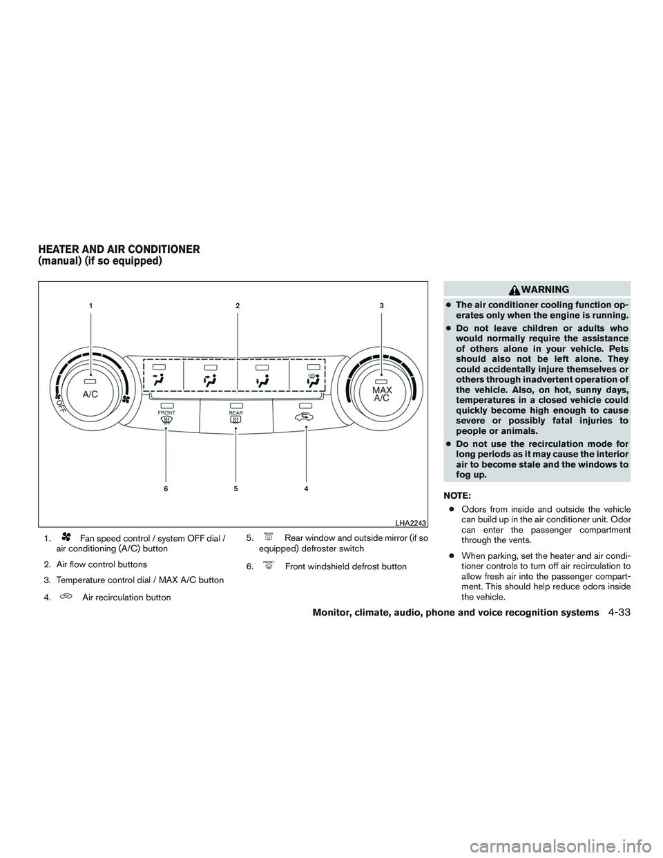 NISSAN ROGUE 2017 Owner´s Manual 1.Fan speed control / system OFF dial /
air conditioning (A/C) button
2. Air flow control buttons
3. Temperature control dial / MAX A/C button
4.
Air recirculation button 5.
Rear window and outside mi NISSAN ROGUE 2017 Owner´s Manual 1.Fan speed control / system OFF dial /
air conditioning (A/C) button
2. Air flow control buttons
3. Temperature control dial / MAX A/C button
4.
Air recirculation button 5.
Rear window and outside mi