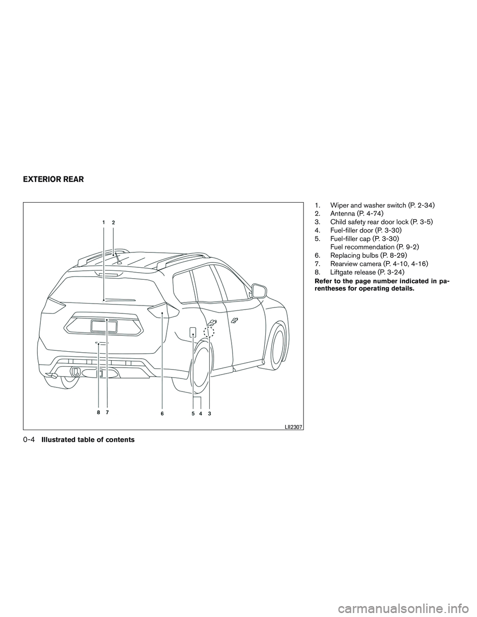 NISSAN ROGUE 2016 Owner´s Manual 1. Wiper and washer switch (P. 2-34)
2. Antenna (P. 4-74)
3. Child safety rear door lock (P. 3-5)
4. Fuel-filler door (P. 3-30)
5. Fuel-filler cap (P. 3-30)Fuel recommendation (P. 9-2)
6. Replacing bu NISSAN ROGUE 2016 Owner´s Manual 1. Wiper and washer switch (P. 2-34)
2. Antenna (P. 4-74)
3. Child safety rear door lock (P. 3-5)
4. Fuel-filler door (P. 3-30)
5. Fuel-filler cap (P. 3-30)Fuel recommendation (P. 9-2)
6. Replacing bu