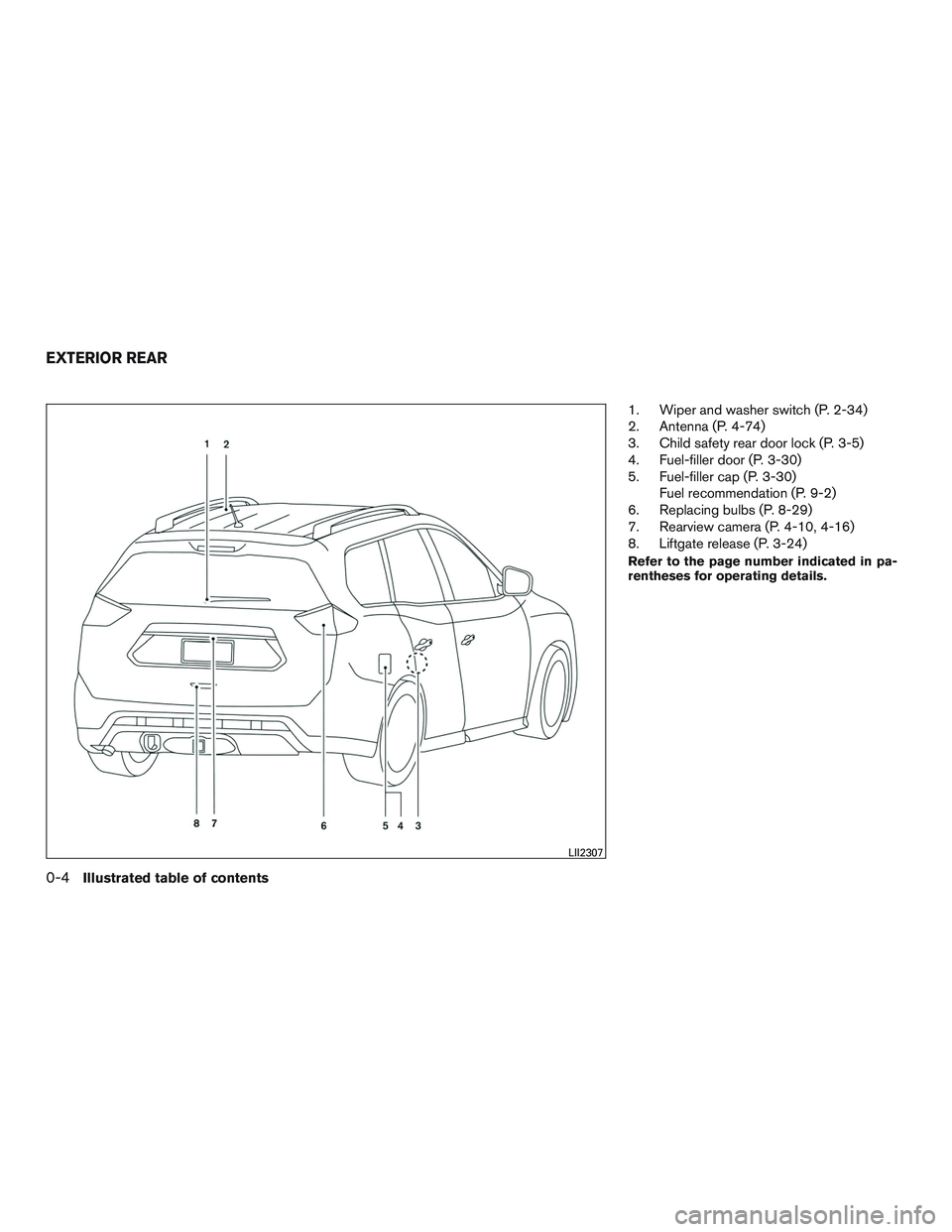 NISSAN ROGUE 2016  Owner´s Manual 1. Wiper and washer switch (P. 2-34)
2. Antenna (P. 4-74)
3. Child safety rear door lock (P. 3-5)
4. Fuel-filler door (P. 3-30)
5. Fuel-filler cap (P. 3-30)Fuel recommendation (P. 9-2)
6. Replacing bu