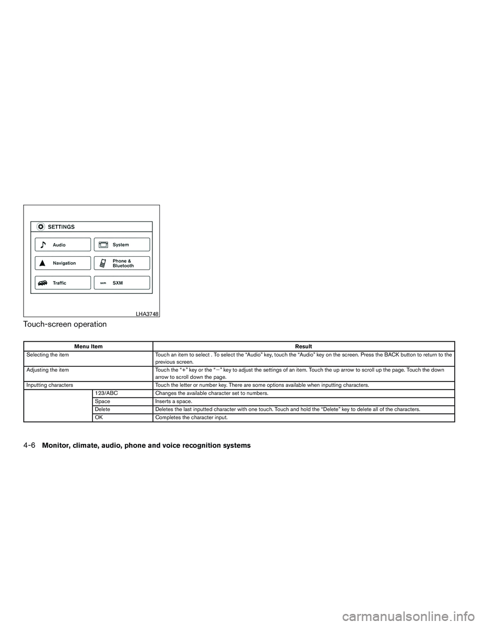 NISSAN ROGUE 2016  Owner´s Manual Touch-screen operation
Menu ItemResult
Selecting the item Touch an item to select . To select the “Audio” key, touch the “Audio” key on the screen. Press the BACK button to return to the
previ