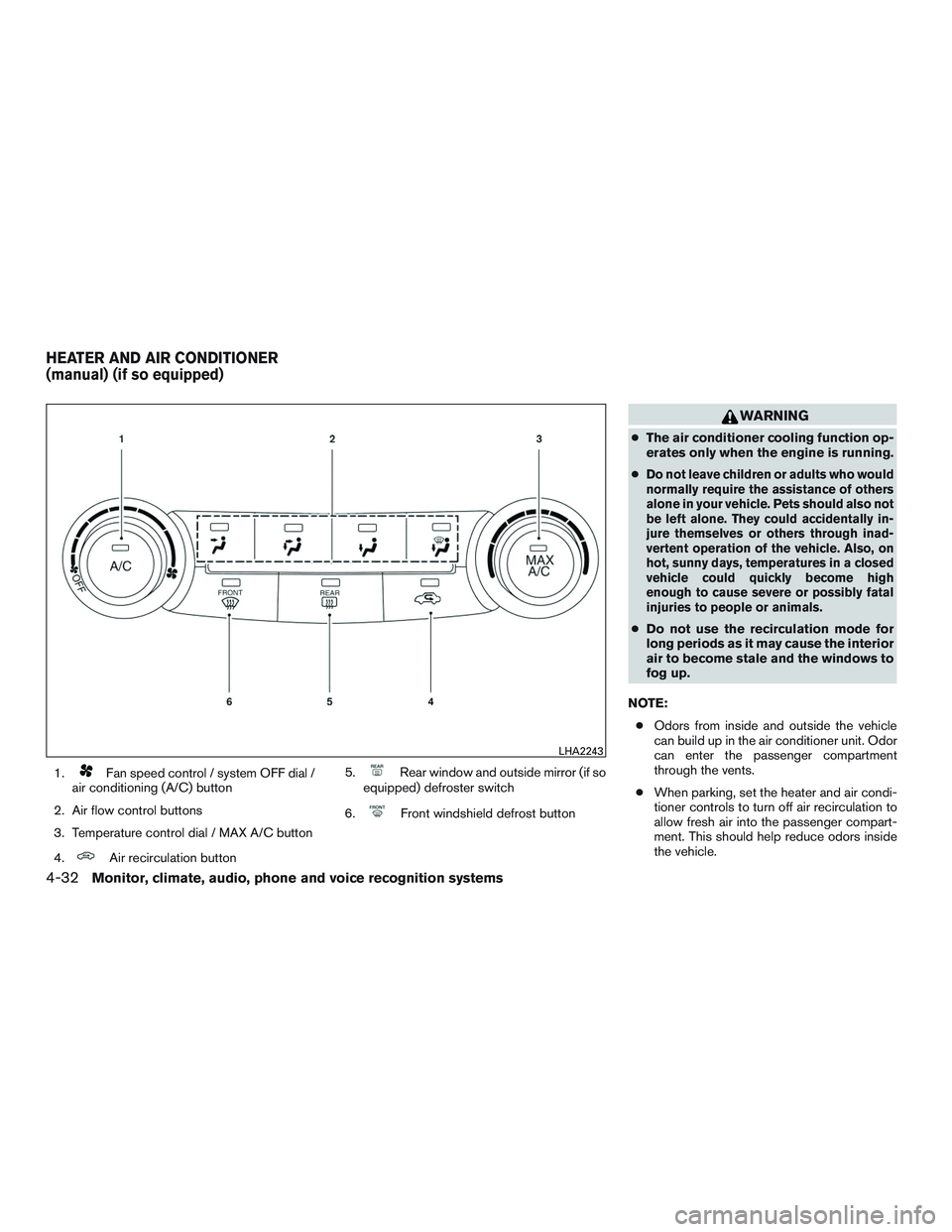 NISSAN ROGUE 2016  Owner´s Manual 1.Fan speed control / system OFF dial /
air conditioning (A/C) button
2. Air flow control buttons
3. Temperature control dial / MAX A/C button
4.
Air recirculation button 5.
Rear window and outside mi