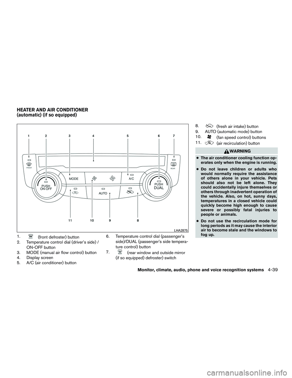 NISSAN ROGUE 2016  Owner´s Manual 1.(front defroster) button
2. Temperature control dial (driver’s side) /
ON-OFF button
3. MODE (manual air flow control) button
4. Display screen
5. A/C (air conditioner) button 6. Temperature contr