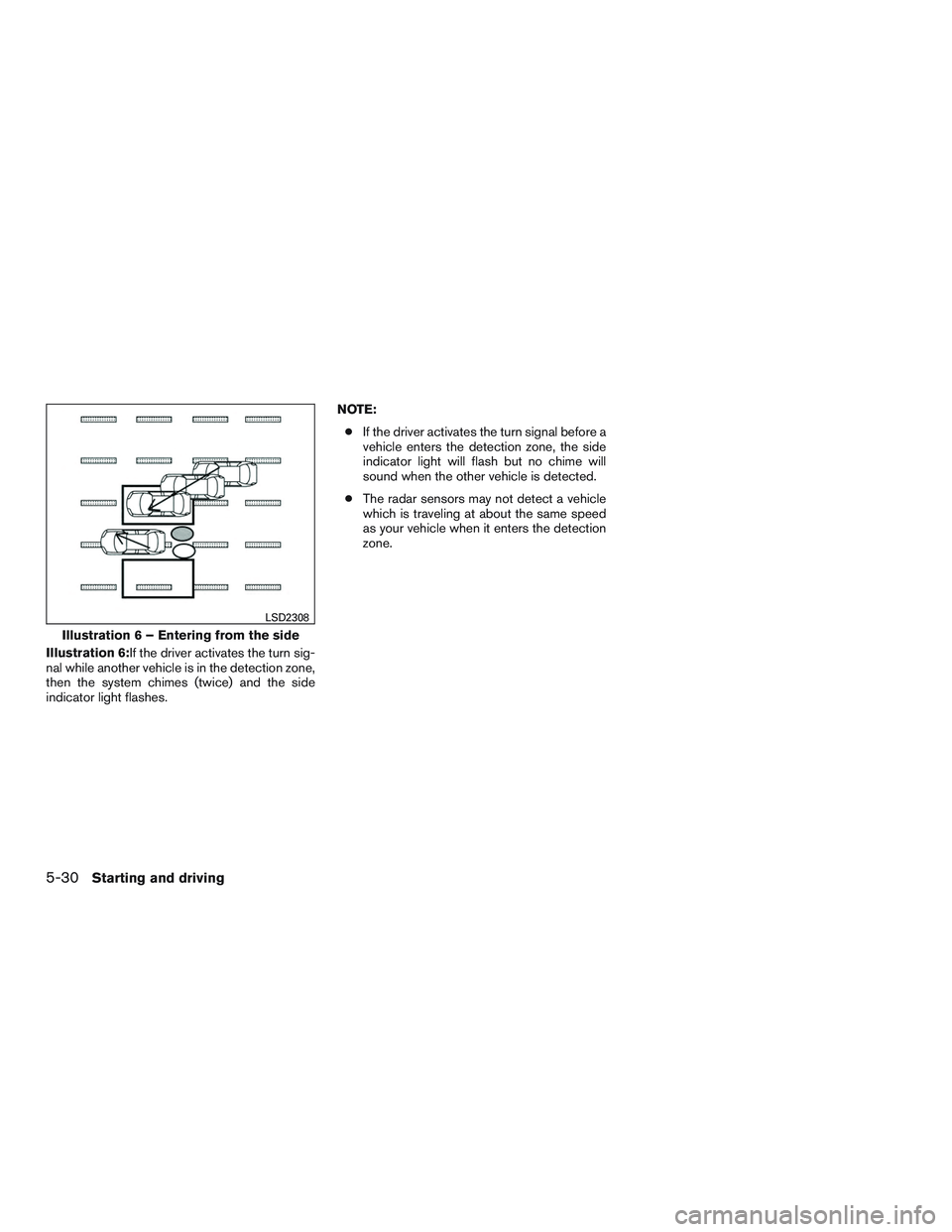 NISSAN ROGUE 2016  Owner´s Manual Illustration 6:If the driver activates the turn sig-
nal while another vehicle is in the detection zone,
then the system chimes (twice) and the side
indicator light flashes.NOTE:
● If the driver act