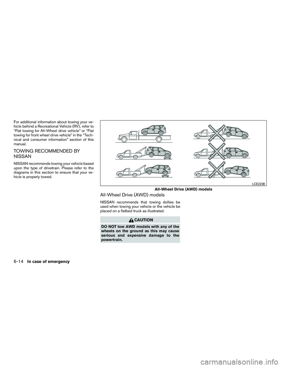NISSAN ROGUE 2016  Owner´s Manual For additional information about towing your ve-
hicle behind a Recreational Vehicle (RV) , refer to
“Flat towing for All-Wheel drive vehicle” or “Flat
towing for front wheel drive vehicle” in