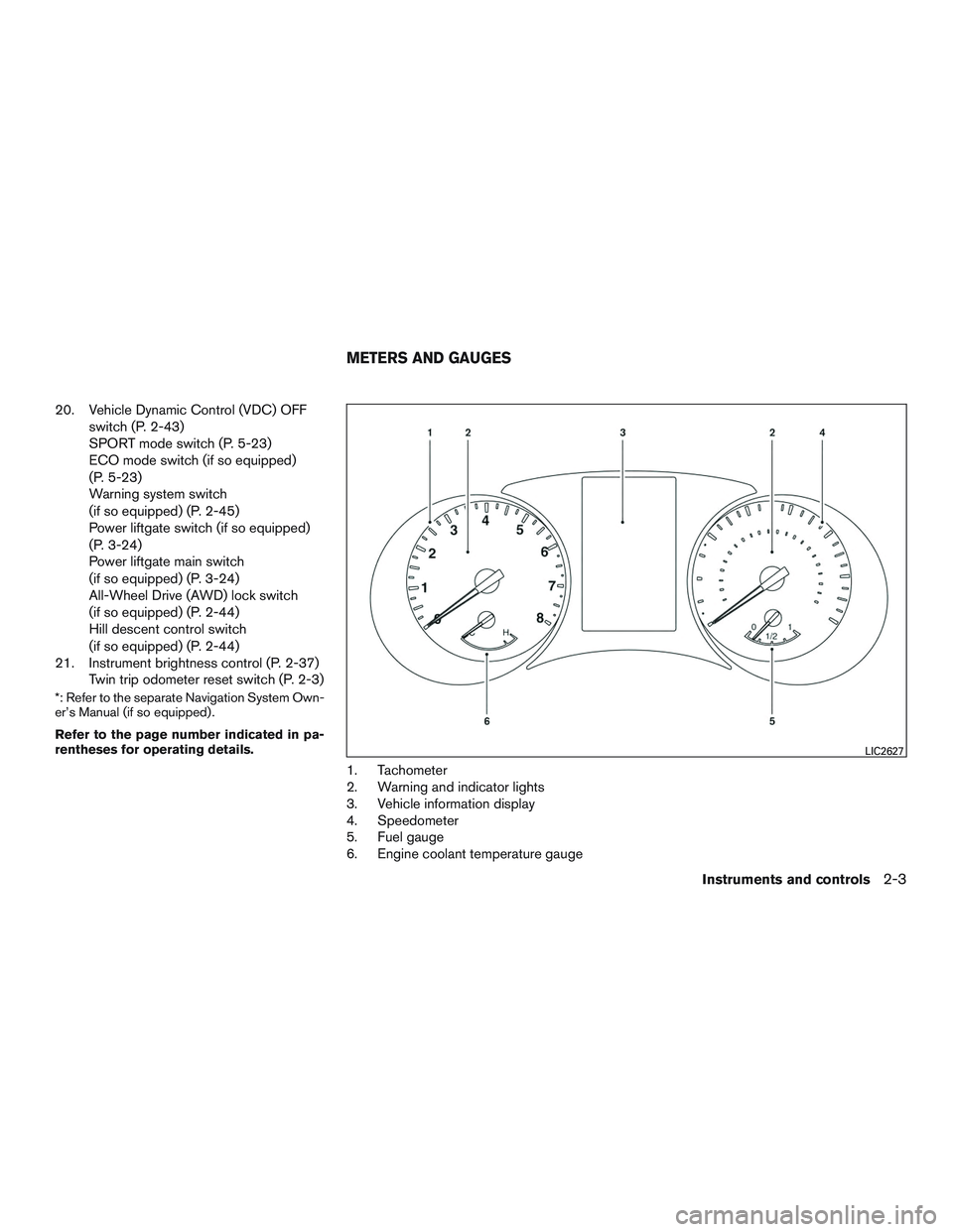 NISSAN ROGUE 2016  Owner´s Manual 20. Vehicle Dynamic Control (VDC) OFFswitch (P. 2-43)
SPORT mode switch (P. 5-23)
ECO mode switch (if so equipped)
(P. 5-23)
Warning system switch
(if so equipped) (P. 2-45)
Power liftgate switch (if 