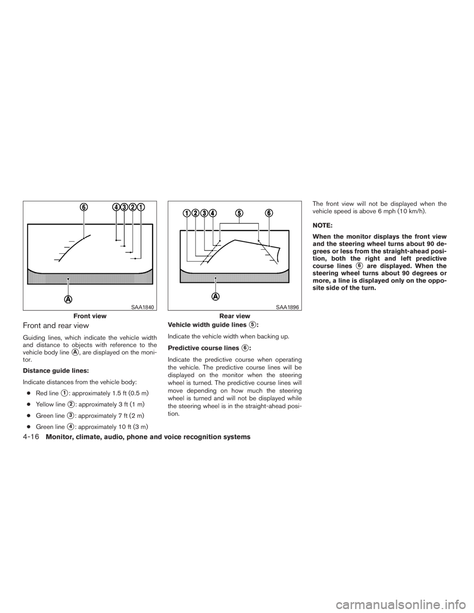 NISSAN ROGUE 2015  Owner´s Manual Front and rear view
Guiding lines, which indicate the vehicle width
and distance to objects with reference to the
vehicle body line
A, are displayed on the moni-
tor.
Distance guide lines:
Indicate d