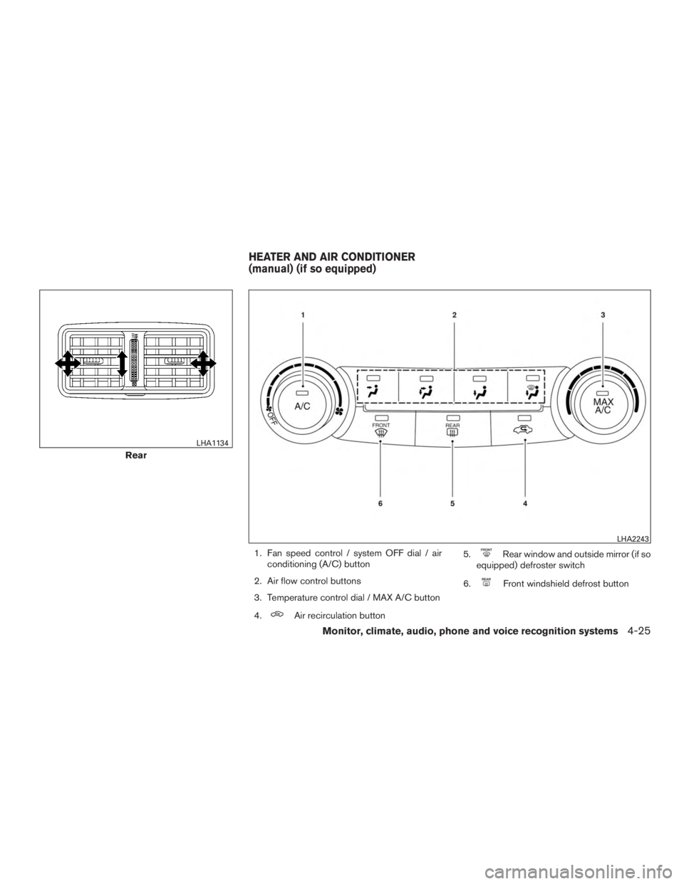 NISSAN ROGUE 2015  Owner´s Manual 1. Fan speed control / system OFF dial / airconditioning (A/C) button
2. Air flow control buttons
3. Temperature control dial / MAX A/C button
4.
Air recirculation button 5.
Rear window and outside mi