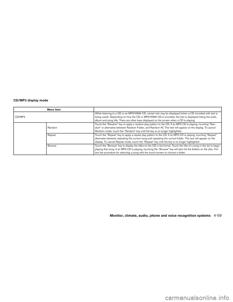NISSAN ROGUE 2015 Owner´s Manual CD/MP3 display mode
Menu item
CD/MP3 While listening to a CD or an MP3/WMA CD, certain text may be displayed (when a CD encoded with text is
being used) . Depending on how the CD or MP3/WMA CD is enco NISSAN ROGUE 2015 Owner´s Manual CD/MP3 display mode
Menu item
CD/MP3 While listening to a CD or an MP3/WMA CD, certain text may be displayed (when a CD encoded with text is
being used) . Depending on how the CD or MP3/WMA CD is enco