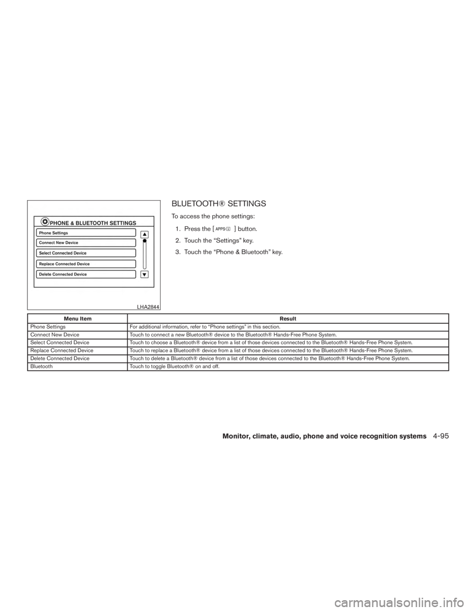 NISSAN ROGUE 2015  Owner´s Manual BLUETOOTH® SETTINGS
To access the phone settings:1. Press the [
] button.
2. Touch the “Settings” key.
3. Touch the “Phone & Bluetooth” key.
Menu Item Result
Phone Settings For additional inf