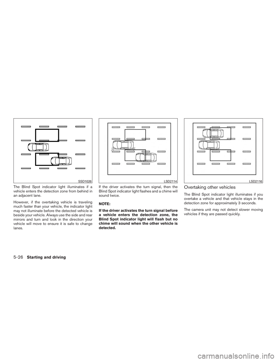 NISSAN ROGUE 2015  Owner´s Manual The Blind Spot indicator light illuminates if a
vehicle enters the detection zone from behind in
an adjacent lane.
However, if the overtaking vehicle is traveling
much faster than your vehicle, the in