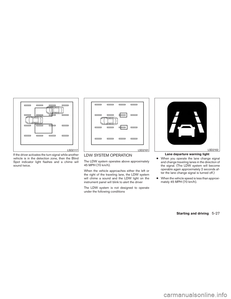 NISSAN ROGUE 2015  Owner´s Manual If the driver activates the turn signal while another
vehicle is in the detection zone, then the Blind
Spot indicator light flashes and a chime will
sound twice.LDW SYSTEM OPERATION
The LDW system ope