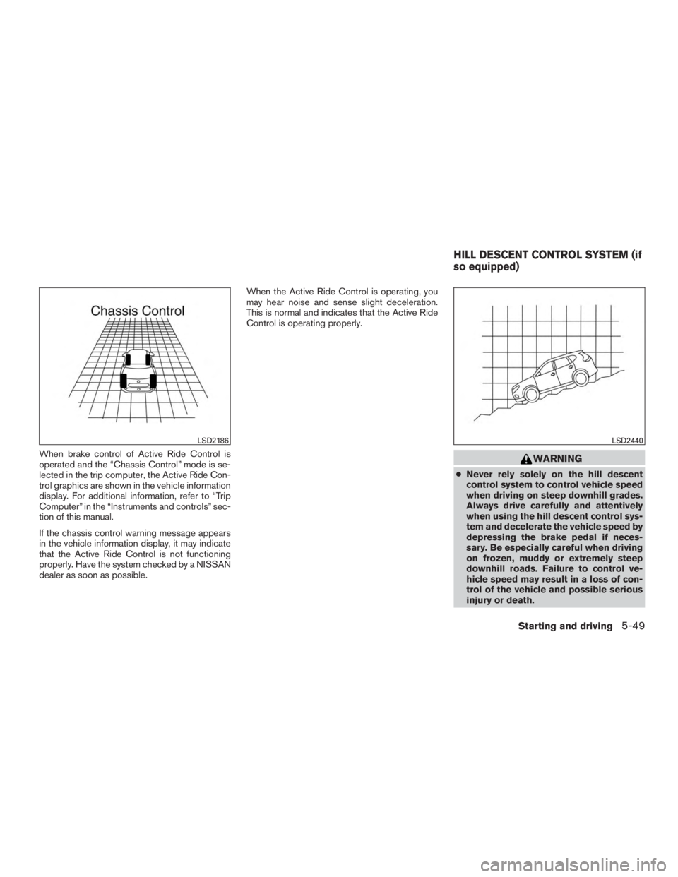 NISSAN ROGUE 2015  Owner´s Manual When brake control of Active Ride Control is
operated and the “Chassis Control” mode is se-
lected in the trip computer, the Active Ride Con-
trol graphics are shown in the vehicle information
dis