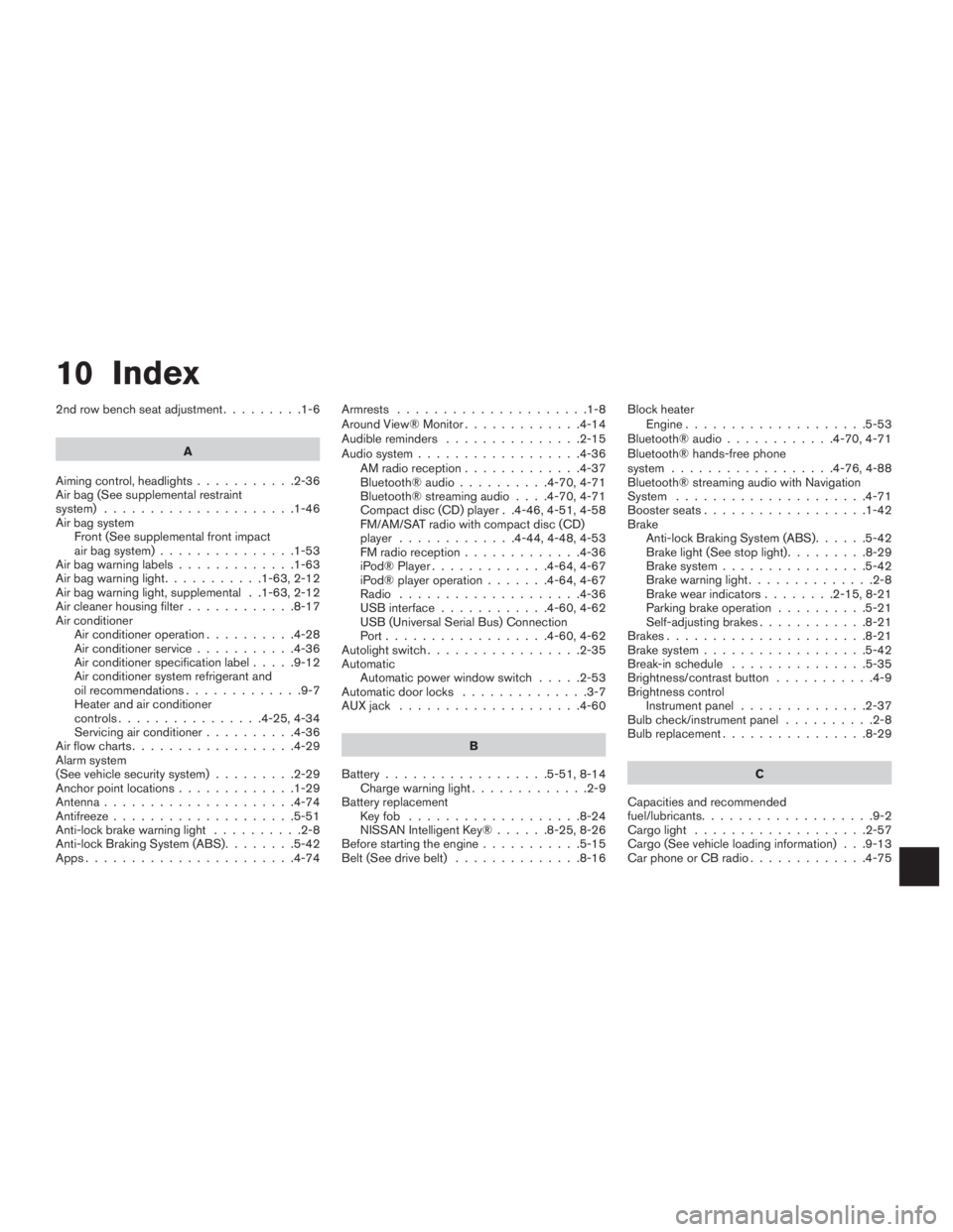 NISSAN ROGUE 2015  Owner´s Manual 10 Index
2nd row bench seat adjustment.........1-6
A
Aiming control, headlights ...........2-36
Air bag (See supplemental restraint
system) .....................1-46
Air bag system Front (See suppleme