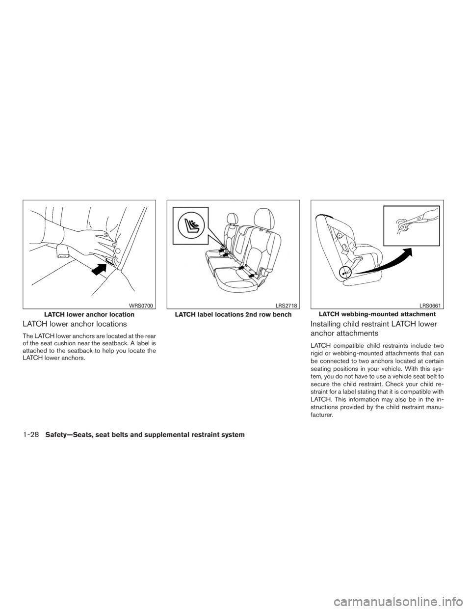 NISSAN ROGUE 2015 Owner´s Manual LATCH lower anchor locations
The LATCH lower anchors are located at the rear
of the seat cushion near the seatback. A label is
attached to the seatback to help you locate the
LATCH lower anchors.
Inst NISSAN ROGUE 2015 Owner´s Manual LATCH lower anchor locations
The LATCH lower anchors are located at the rear
of the seat cushion near the seatback. A label is
attached to the seatback to help you locate the
LATCH lower anchors.
Inst
