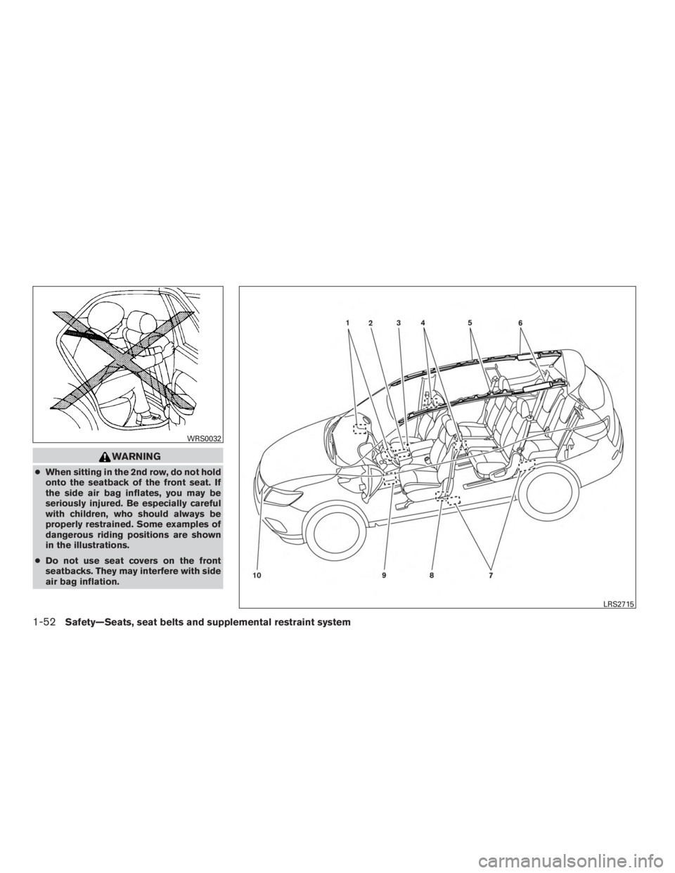 NISSAN ROGUE 2015 Owner´s Manual WARNING
●When sitting in the 2nd row, do not hold
onto the seatback of the front seat. If
the side air bag inflates, you may be
seriously injured. Be especially careful
with children, who should alw NISSAN ROGUE 2015 Owner´s Manual WARNING
●When sitting in the 2nd row, do not hold
onto the seatback of the front seat. If
the side air bag inflates, you may be
seriously injured. Be especially careful
with children, who should alw