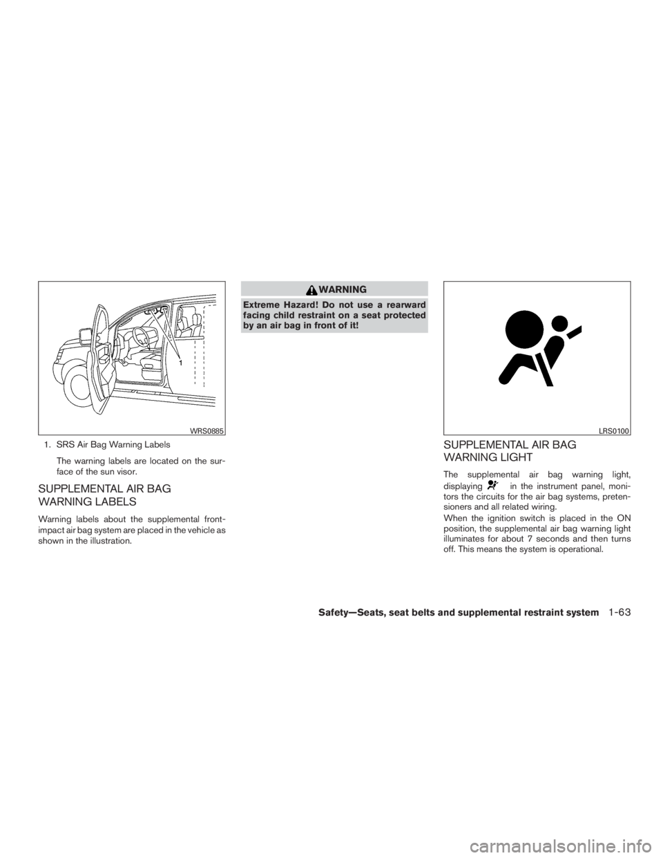 NISSAN ROGUE 2015  Owner´s Manual 1. SRS Air Bag Warning LabelsThe warning labels are located on the sur-
face of the sun visor.
SUPPLEMENTAL AIR BAG
WARNING LABELS
Warning labels about the supplemental front-
impact air bag system ar