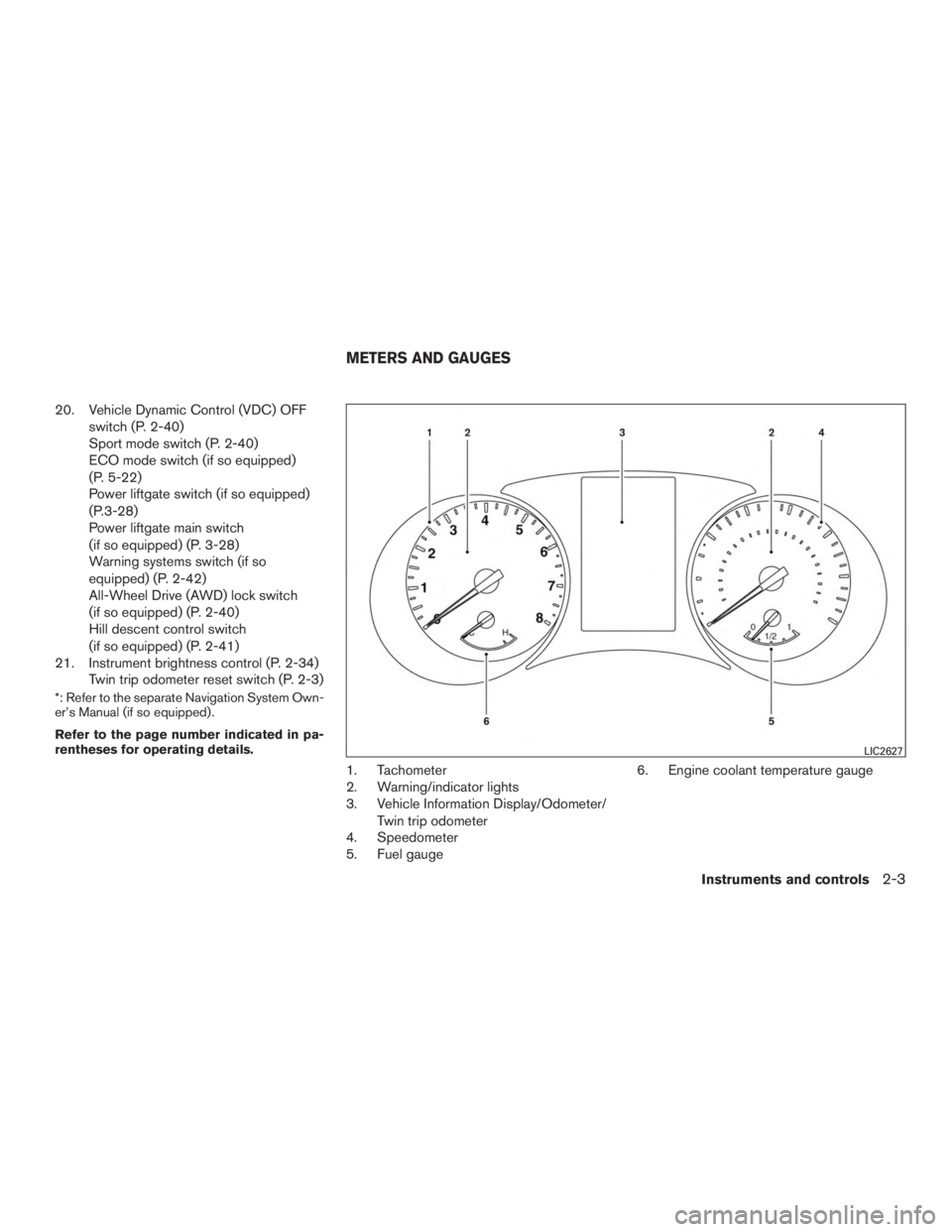 NISSAN ROGUE 2015  Owner´s Manual 20. Vehicle Dynamic Control (VDC) OFFswitch (P. 2-40)
Sport mode switch (P. 2-40)
ECO mode switch (if so equipped)
(P. 5-22)
Power liftgate switch (if so equipped)
(P.3-28)
Power liftgate main switch
