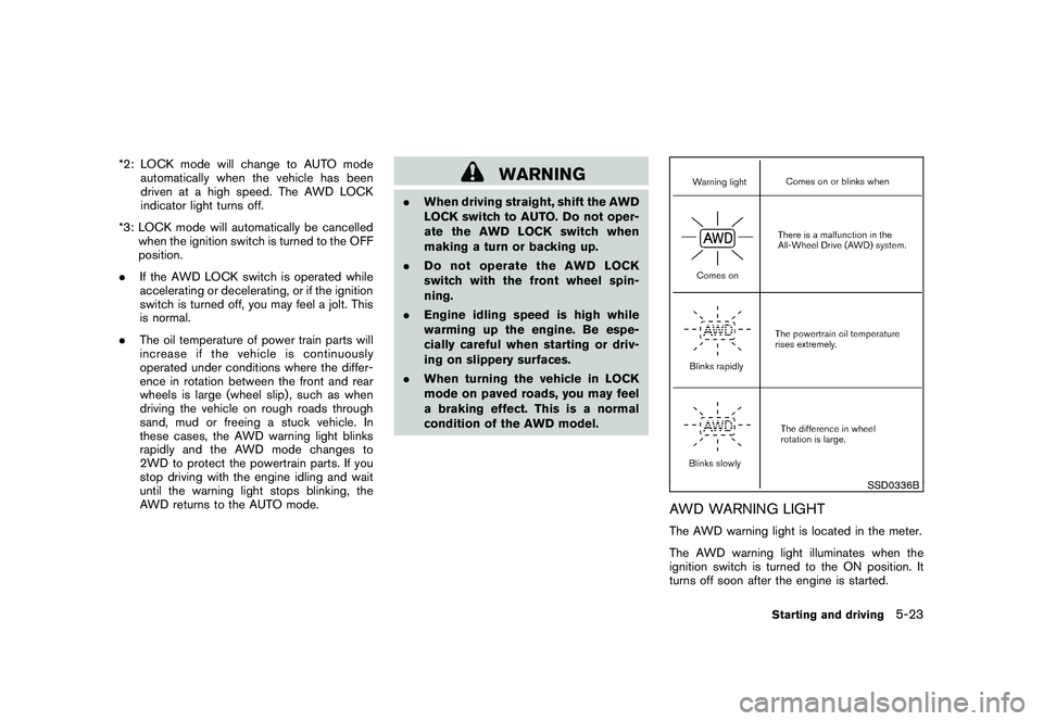 NISSAN ROGUE 2010  Owner´s Manual Black plate (215,1)
Model "S35-D" EDITED: 2009/ 9/ 4
*2: LOCK mode will change to AUTO modeautomatically when the vehicle has been
driven at a high speed. The AWD LOCK
indicator light turns off.
*3: L