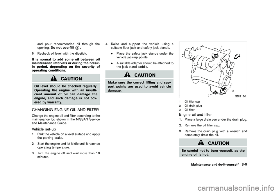 NISSAN ROGUE 2010  Owner´s Manual Black plate (259,1)
Model "S35-D" EDITED: 2009/ 9/ 4
and pour recommended oil through the
opening.Do not overfill
*3.
6. Recheck oil level with the dipstick.
It is normal to add some oil between oil
m