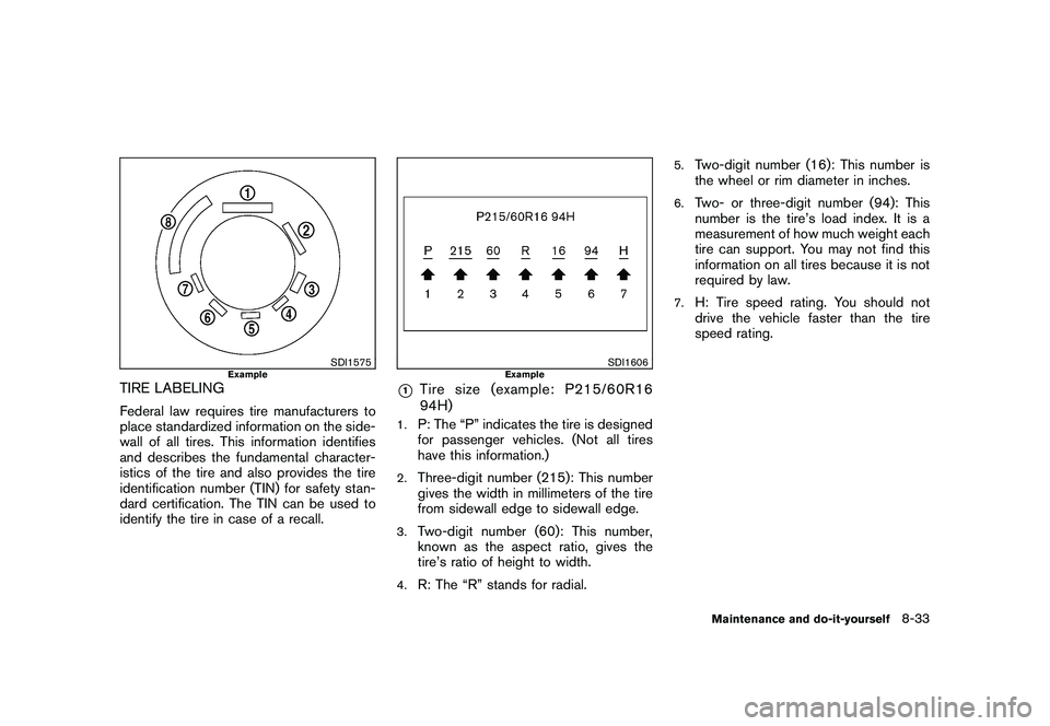 NISSAN ROGUE 2009 Owner´s Manual Black plate (271,1)
Model "S35-D" EDITED: 2008/ 7/ 24
SDI1575
Example
TIRE LABELINGFederal law requires tire manufacturers to
place standardized information on the side-
wall of all tires. This inform NISSAN ROGUE 2009 Owner´s Manual Black plate (271,1)
Model "S35-D" EDITED: 2008/ 7/ 24
SDI1575
Example
TIRE LABELINGFederal law requires tire manufacturers to
place standardized information on the side-
wall of all tires. This inform