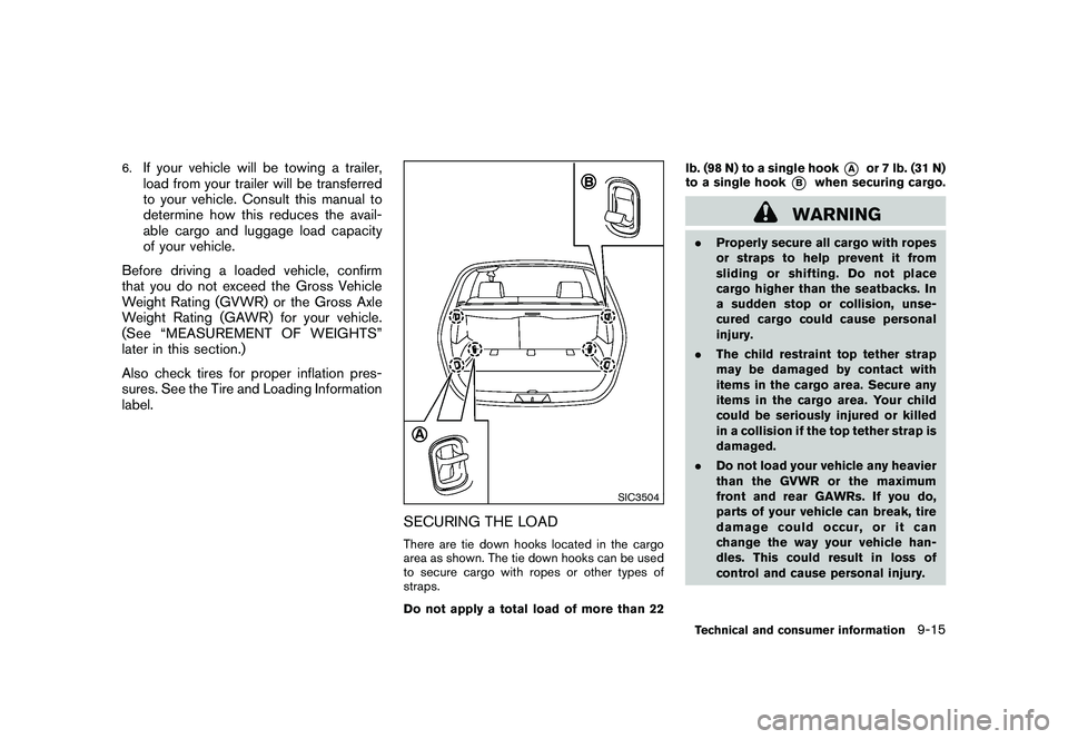 NISSAN ROGUE 2009  Owner´s Manual Black plate (295,1)
Model "S35-D" EDITED: 2008/ 7/ 24
6.
If your vehicle will be towing a trailer,
load from your trailer will be transferred
to your vehicle. Consult this manual to
determine how this