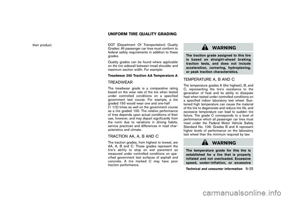 NISSAN ROGUE 2009 Owner´s Manual Black plate (305,1)
Model "S35-D" EDITED: 2008/ 7/ 24
their product.DOT (Department Of Transportation) Quality
Grades: All passenger car tires must conform to
federal safety requirements in addition t NISSAN ROGUE 2009 Owner´s Manual Black plate (305,1)
Model "S35-D" EDITED: 2008/ 7/ 24
their product.DOT (Department Of Transportation) Quality
Grades: All passenger car tires must conform to
federal safety requirements in addition t