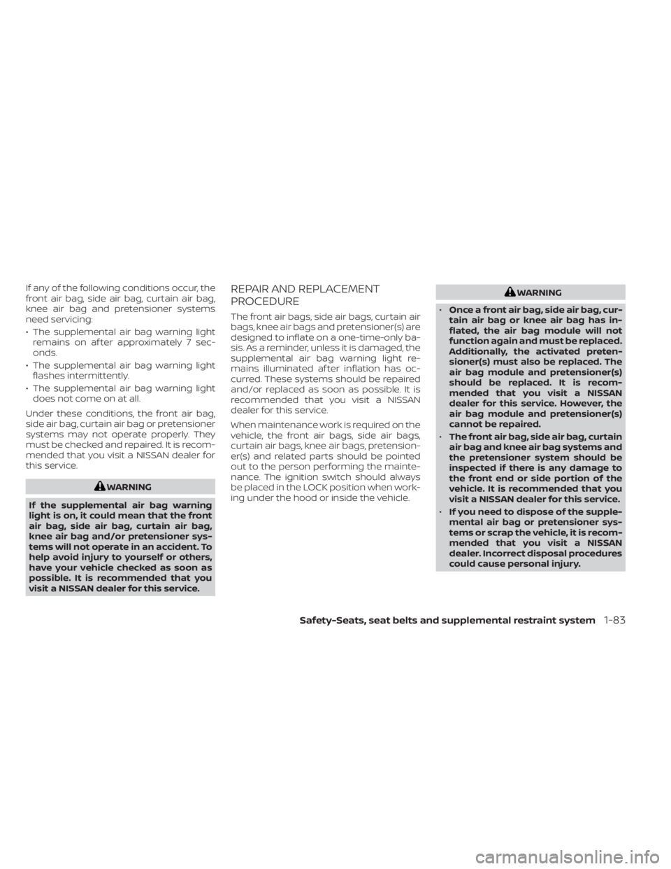 NISSAN TITAN 2021 Owner´s Manual If any of the following conditions occur, the
front air bag, side air bag, curtain air bag,
knee air bag and pretensioner systems
need servicing:
• The supplemental air bag warning lightremains on a NISSAN TITAN 2021 Owner´s Manual If any of the following conditions occur, the
front air bag, side air bag, curtain air bag,
knee air bag and pretensioner systems
need servicing:
• The supplemental air bag warning lightremains on a