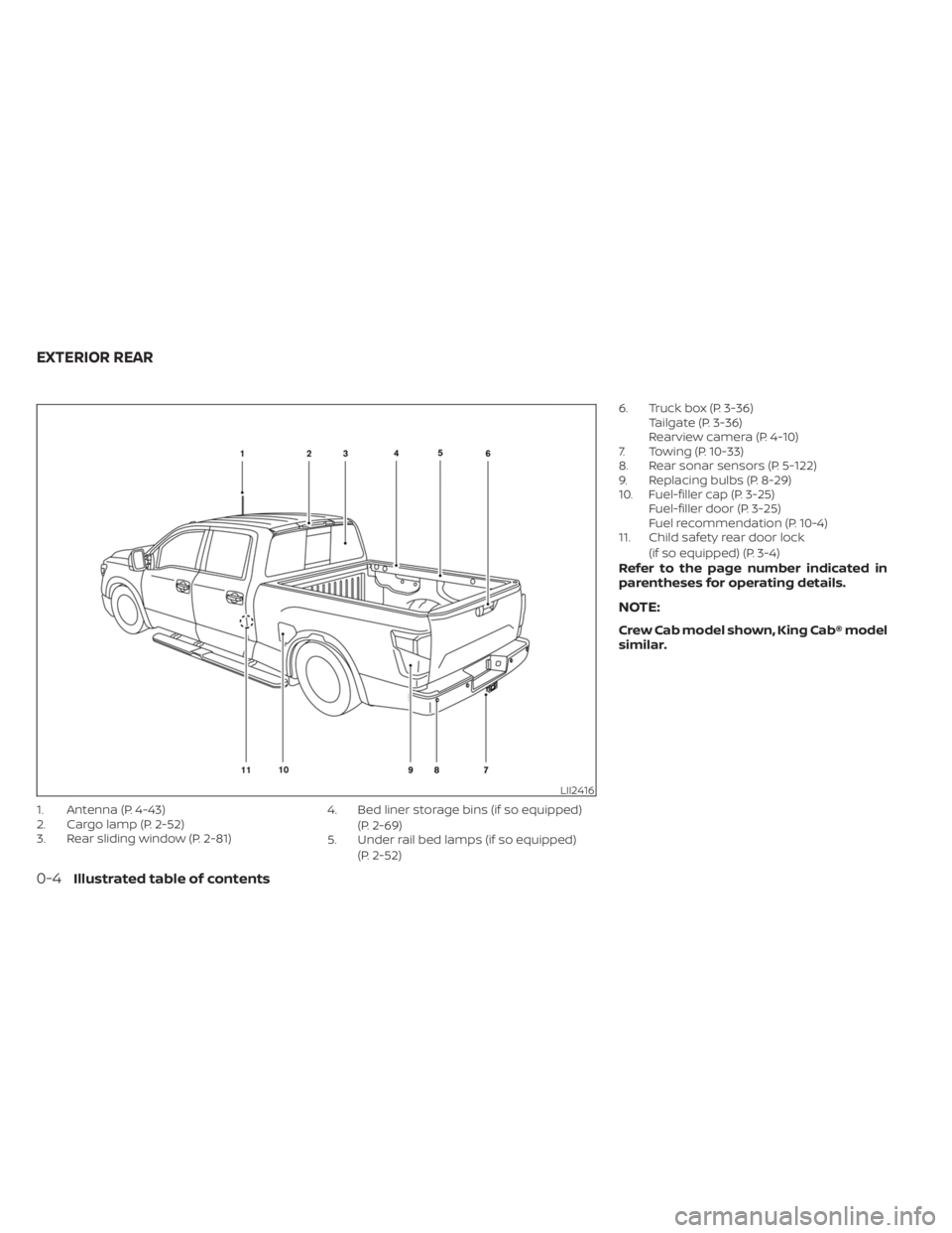 NISSAN TITAN 2021 Owner´s Manual 1. Antenna (P. 4-43)
2. Cargo lamp (P. 2-52)
3. Rear sliding window (P. 2-81)4. Bed liner storage bins (if so equipped)
(P. 2-69)
5. Under rail bed lamps (if so equipped)
(P. 2-52) 6. Truck box (P. 3- NISSAN TITAN 2021 Owner´s Manual 1. Antenna (P. 4-43)
2. Cargo lamp (P. 2-52)
3. Rear sliding window (P. 2-81)4. Bed liner storage bins (if so equipped)
(P. 2-69)
5. Under rail bed lamps (if so equipped)
(P. 2-52) 6. Truck box (P. 3-