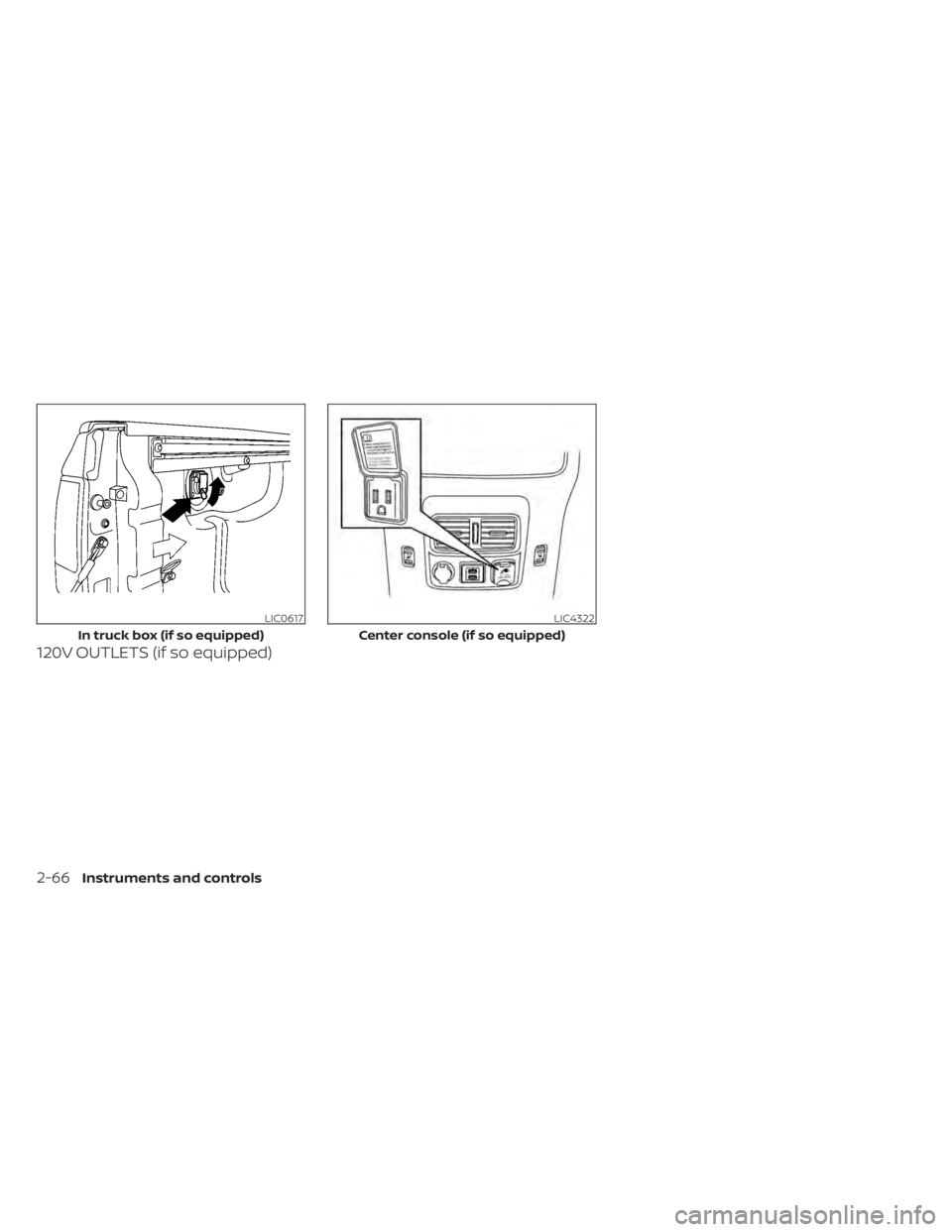 NISSAN TITAN 2021 Owner´s Manual 120V OUTLETS (if so equipped)
LIC0617
In truck box (if so equipped)
LIC4322
Center console (if so equipped)
2-66Instruments and controls NISSAN TITAN 2021 Owner´s Manual 120V OUTLETS (if so equipped)
LIC0617
In truck box (if so equipped)
LIC4322
Center console (if so equipped)
2-66Instruments and controls