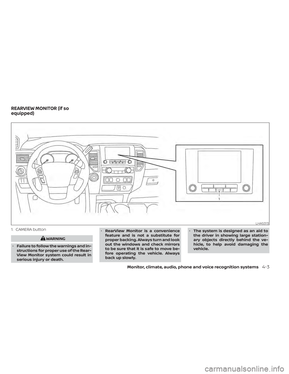 NISSAN TITAN 2021  Owner´s Manual 1. CAMERA button
WARNING
• Failure to follow the warnings and in-
structions for proper use of the Rear-
View Monitor system could result in
serious injury or death. •
RearView Monitor is a conven