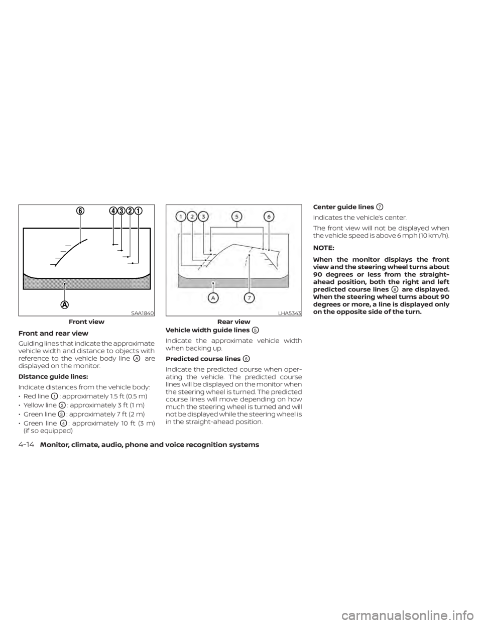 NISSAN TITAN 2021 Owner´s Manual Front and rear view
Guiding lines that indicate the approximate
vehicle width and distance to objects with
reference to the vehicle body line
OAare
displayed on the monitor.
Distance guide lines:
Indi NISSAN TITAN 2021 Owner´s Manual Front and rear view
Guiding lines that indicate the approximate
vehicle width and distance to objects with
reference to the vehicle body line
OAare
displayed on the monitor.
Distance guide lines:
Indi