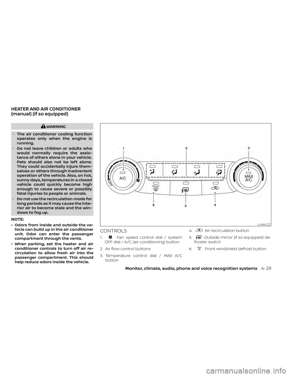 NISSAN TITAN 2021  Owner´s Manual WARNING
• The air conditioner cooling function
operates only when the engine is
running.
• Do not leave children or adults who
would normally require the assis-
tance of others alone in your vehic