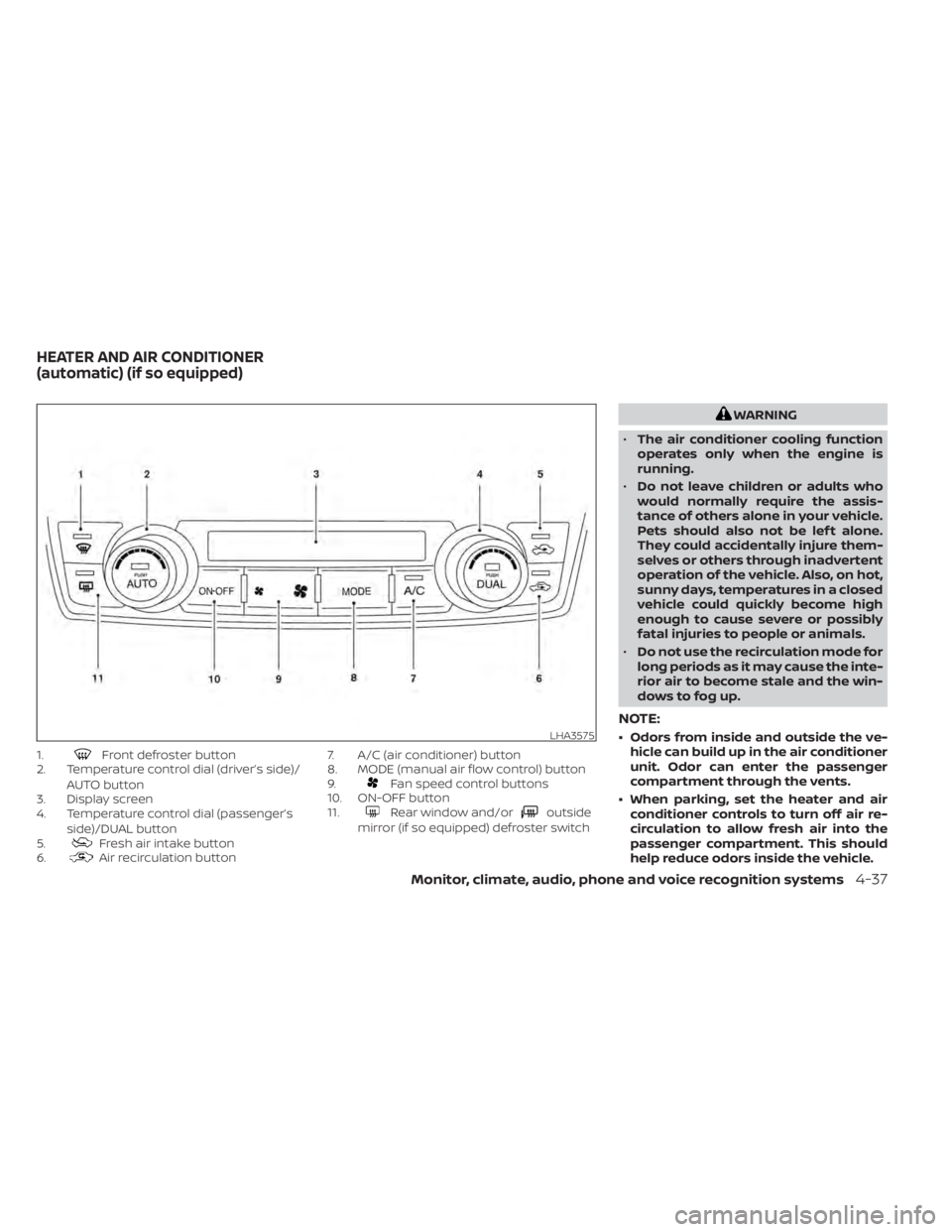 NISSAN TITAN 2021  Owner´s Manual 1.Front defroster button
2. Temperature control dial (driver’s side)/
AUTO button
3. Display screen
4. Temperature control dial (passenger’s
side)/DUAL button
5.
Fresh air intake button
6.Air reci