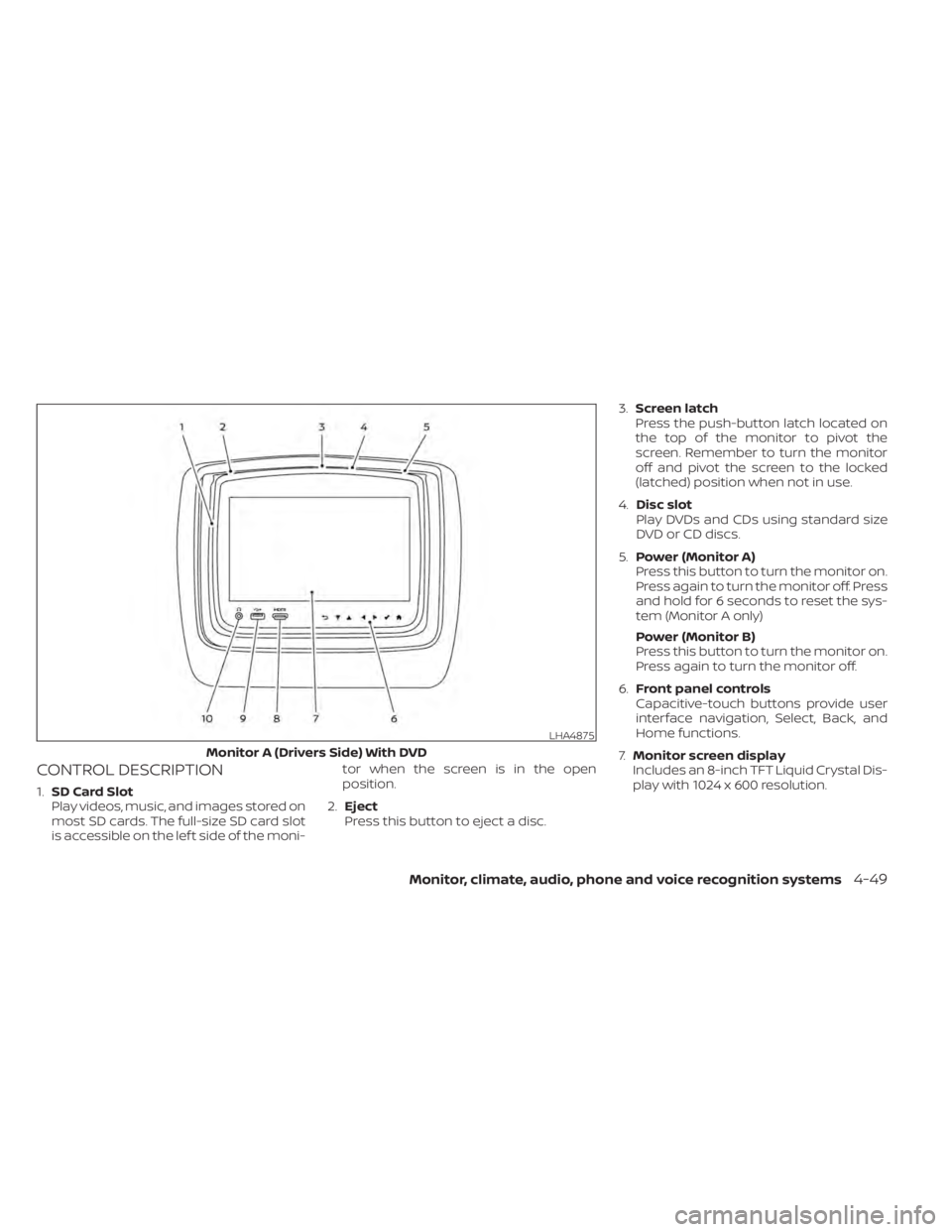 NISSAN TITAN 2021  Owner´s Manual CONTROL DESCRIPTION
1.SD Card Slot
Play videos, music, and images stored on
most SD cards. The full-size SD card slot
is accessible on the lef t side of the moni- tor when the screen is in the open
po