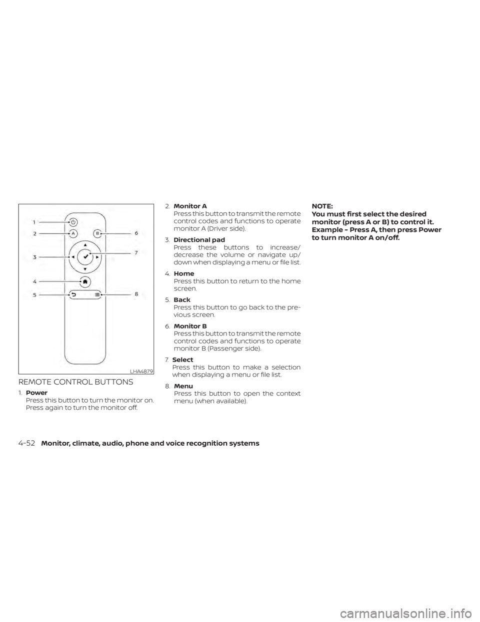 NISSAN TITAN 2021  Owner´s Manual REMOTE CONTROL BUTTONS
1.Power
Press this button to turn the monitor on.
Press again to turn the monitor off. 2.
Monitor A
Press this button to transmit the remote
control codes and functions to opera