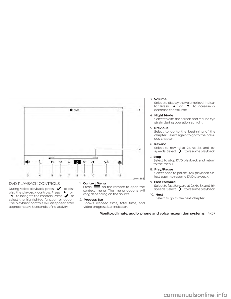 NISSAN TITAN 2021  Owner´s Manual DVD PLAYBACK CONTROLS
During video playback, pressto dis-
play the playback controls. Pressorto navigate the controls. Pressto
select the highlighted function or option.
The playback controls will dis