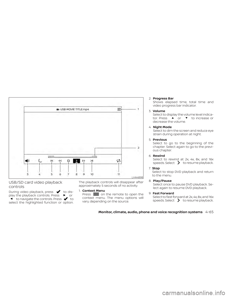 NISSAN TITAN 2021  Owner´s Manual USB/SD card video playback
controls
During video playback, pressto dis-
play the playback controls. Pressorto navigate the controls. Pressto
select the highlighted function or option. The playback con