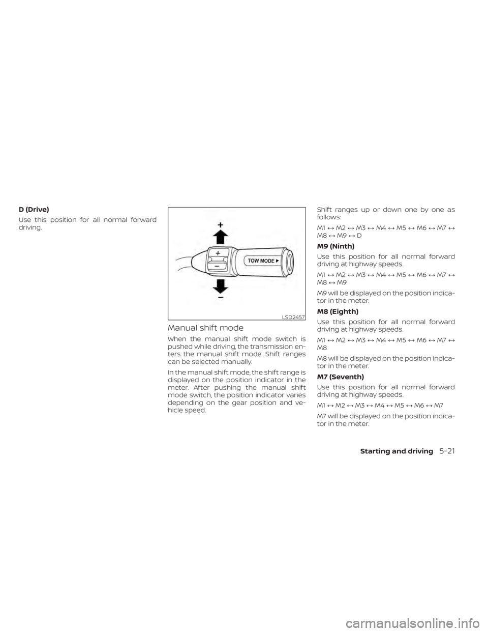 NISSAN TITAN 2021 Owner´s Manual D (Drive)
Use this position for all normal forward
driving.
Manual shif t mode
When the manual shif t mode switch is
pushed while driving, the transmission en-
ters the manual shif t mode. Shif t rang NISSAN TITAN 2021 Owner´s Manual D (Drive)
Use this position for all normal forward
driving.
Manual shif t mode
When the manual shif t mode switch is
pushed while driving, the transmission en-
ters the manual shif t mode. Shif t rang