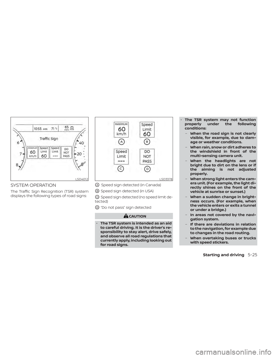 NISSAN TITAN 2021 Owner´s Manual SYSTEM OPERATION
The Traffic Sign Recognition (TSR) system
displays the following types of road signs:
OASpeed sign detected (in Canada)
OBSpeed sign detected (in USA)
OCSpeed sign detected (no speed NISSAN TITAN 2021 Owner´s Manual SYSTEM OPERATION
The Traffic Sign Recognition (TSR) system
displays the following types of road signs:
OASpeed sign detected (in Canada)
OBSpeed sign detected (in USA)
OCSpeed sign detected (no speed