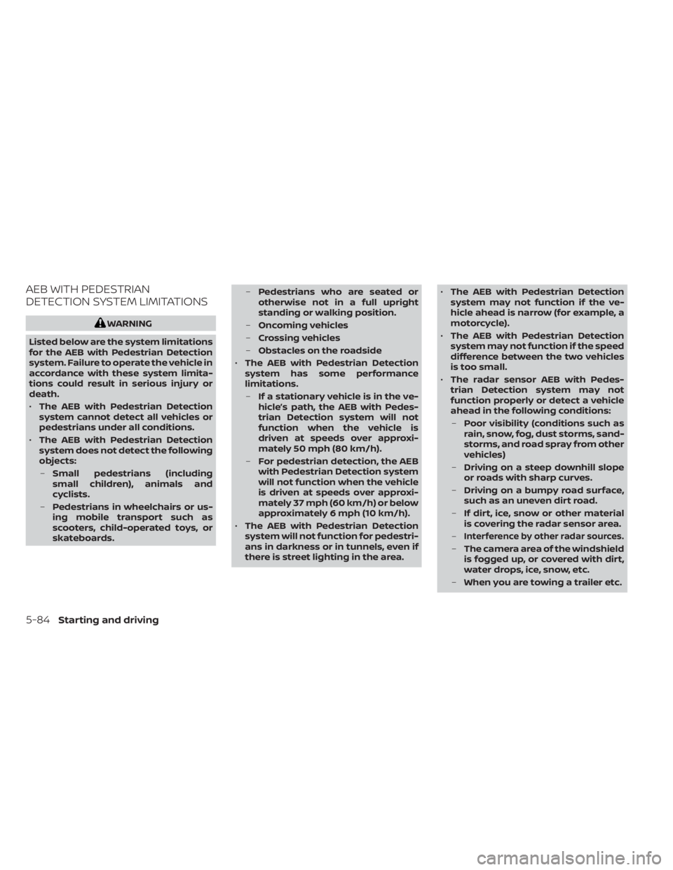 NISSAN TITAN 2021 Owner´s Manual AEB WITH PEDESTRIAN
DETECTION SYSTEM LIMITATIONS
WARNING
Listed below are the system limitations
for the AEB with Pedestrian Detection
system. Failure to operate the vehicle in
accordance with these s NISSAN TITAN 2021 Owner´s Manual AEB WITH PEDESTRIAN
DETECTION SYSTEM LIMITATIONS
WARNING
Listed below are the system limitations
for the AEB with Pedestrian Detection
system. Failure to operate the vehicle in
accordance with these s